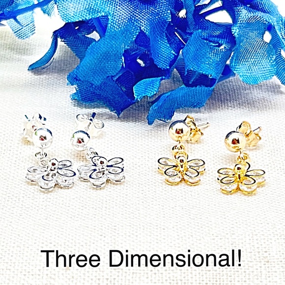 CZ Flower Stud Dangle in Gold Filled or Sterling Silver, Small Flower Dangle - Picture 4 of 10